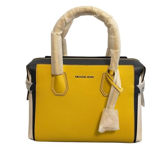 Michael Kors Mercer Medium Color-Block Belted Satchel Navy Yellow NEW - Picture 3 of 9